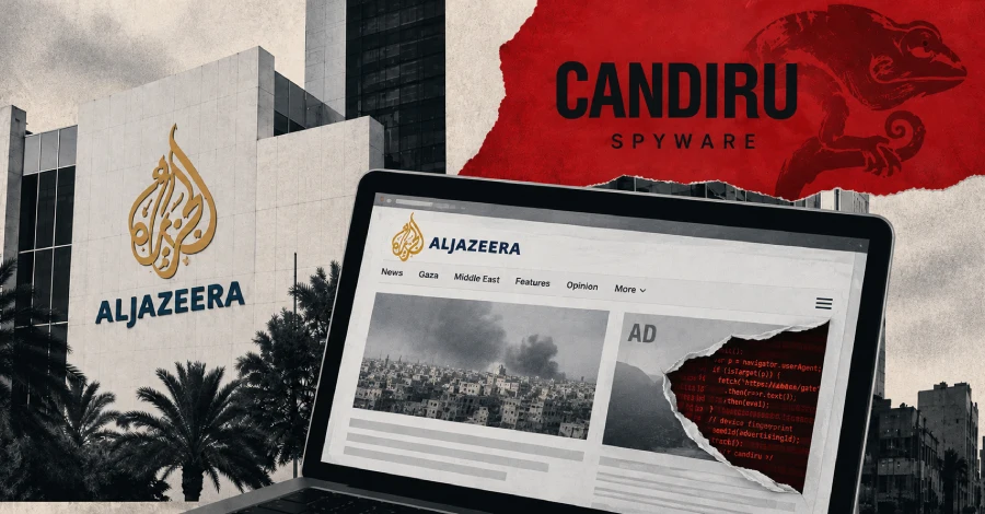 Minh hoạ logo Al Jazeera và chữ Candiru Spyware, phía trước là màn hình có khung quảng cáo chứa đoạn mã đỏ
