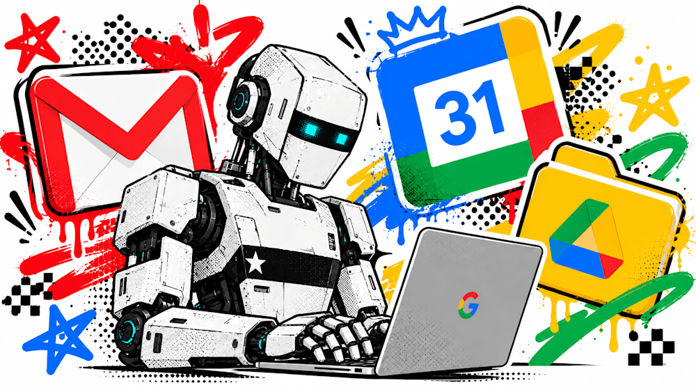 Hình minh họa robot làm việc trước các biểu tượng ứng dụng Google Workspace
