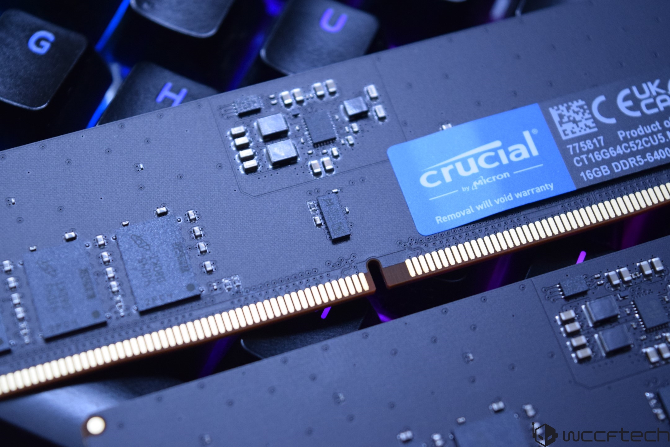Module RAM Crucial DDR5 đặt trên bàn phím