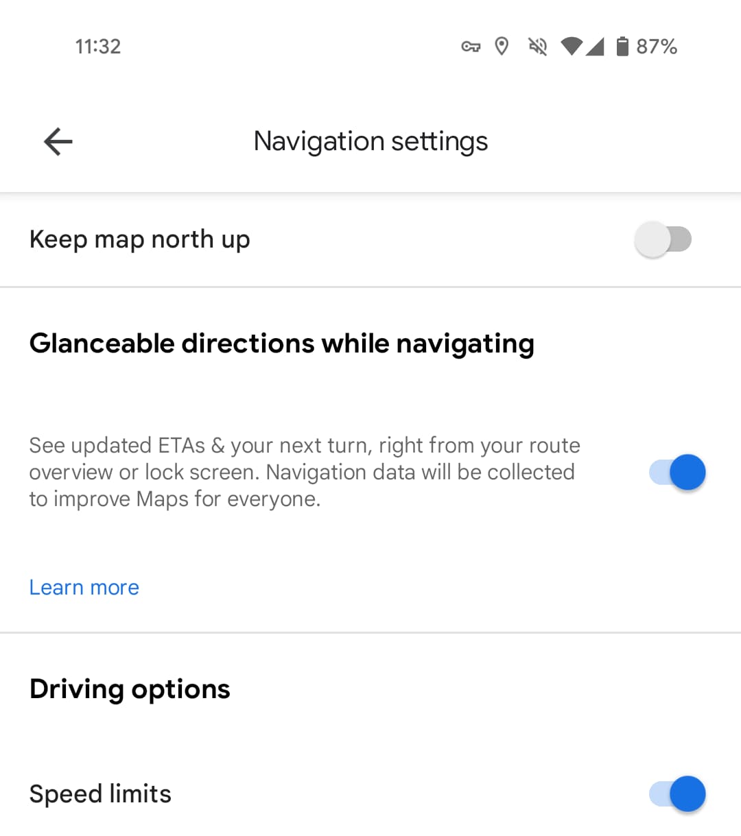 Mục Glanceable directions while navigating trong Navigation settings của Google Maps trên Android