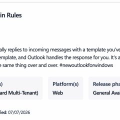 Mục Microsoft 365 Roadmap 567318 mô tả trả lời bằng mẫu thông qua quy tắc Outlook, bản lưu tháng 7/2026