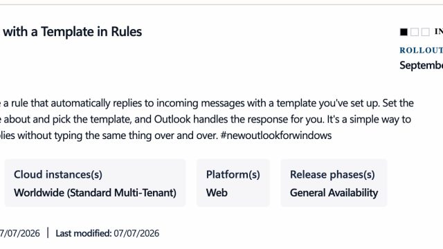 Mục Microsoft 365 Roadmap 567318 mô tả trả lời bằng mẫu thông qua quy tắc Outlook, bản lưu tháng 7/2026