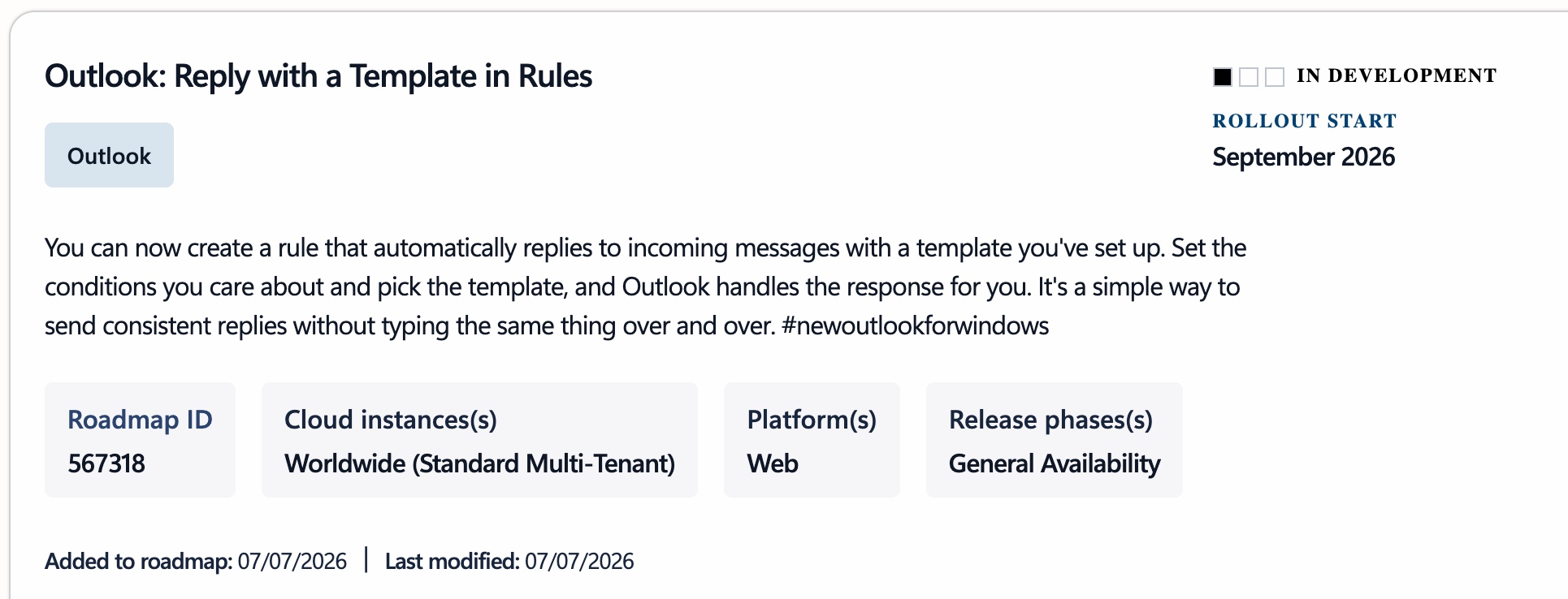 Mục Microsoft 365 Roadmap 567318 mô tả trả lời bằng mẫu thông qua quy tắc Outlook, bản lưu tháng 7/2026