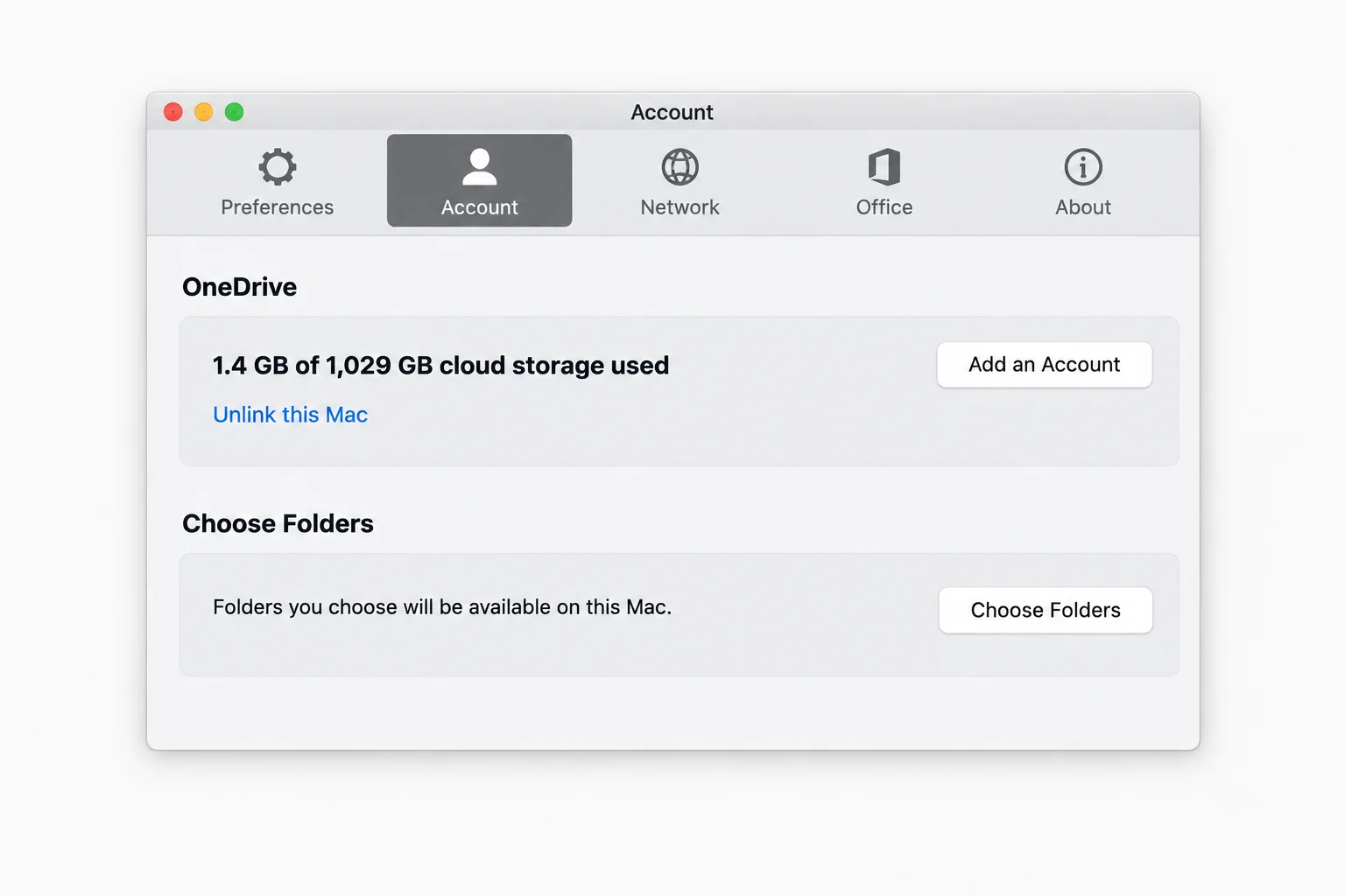Mục tài khoản trong cửa sổ OneDrive trên macOS với thông tin dung lượng