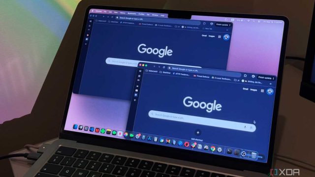 multiple windows of chrome displayed on macbook with blue light in the background