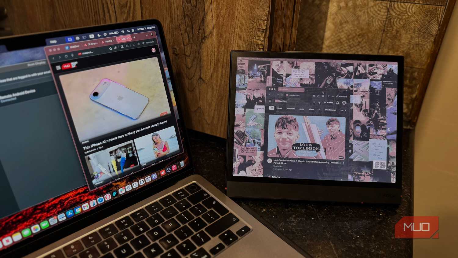 MUO website open on macbook with YouTube open on eReader