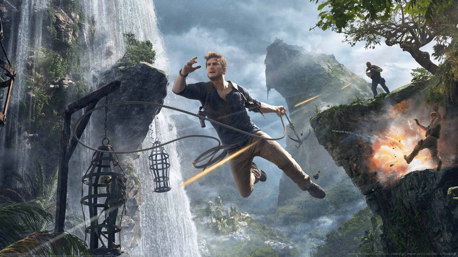Nathan Drake đu dây vượt thác trong pha hành động nghẹt thở của Uncharted 4