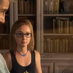 Nathan Drake và Elena Fisher trò chuyện cùng con gái Cassie Drake trong Uncharted 4