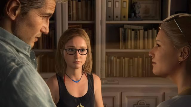 Nathan Drake và Elena Fisher trò chuyện cùng con gái Cassie Drake trong Uncharted 4