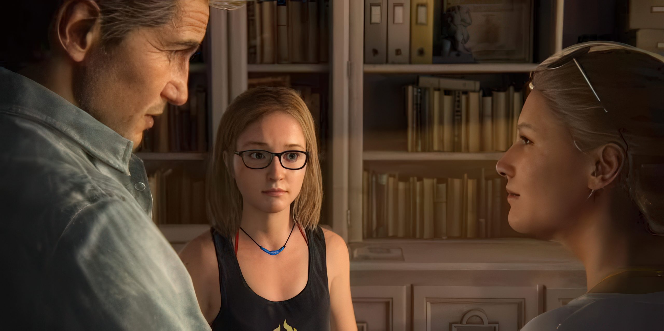 Nathan Drake và Elena Fisher trò chuyện cùng con gái Cassie Drake trong Uncharted 4