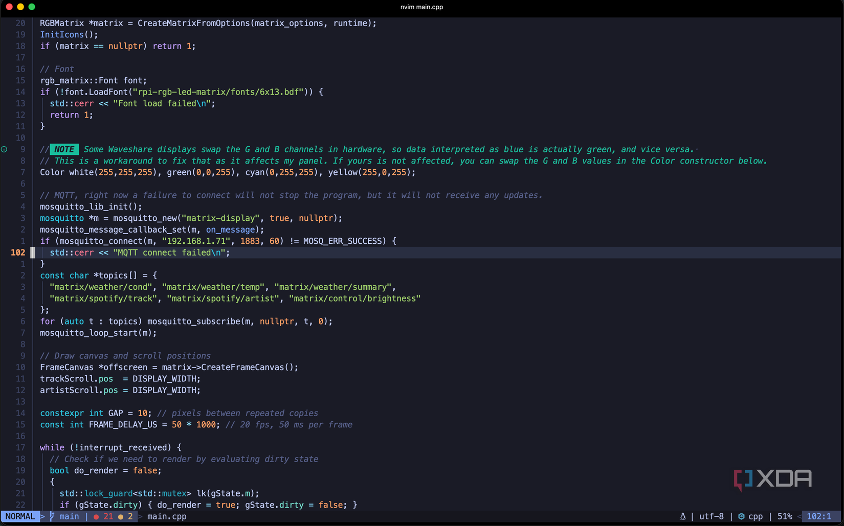 Neovim hiển thị file main.cpp ở chế độ NORMAL