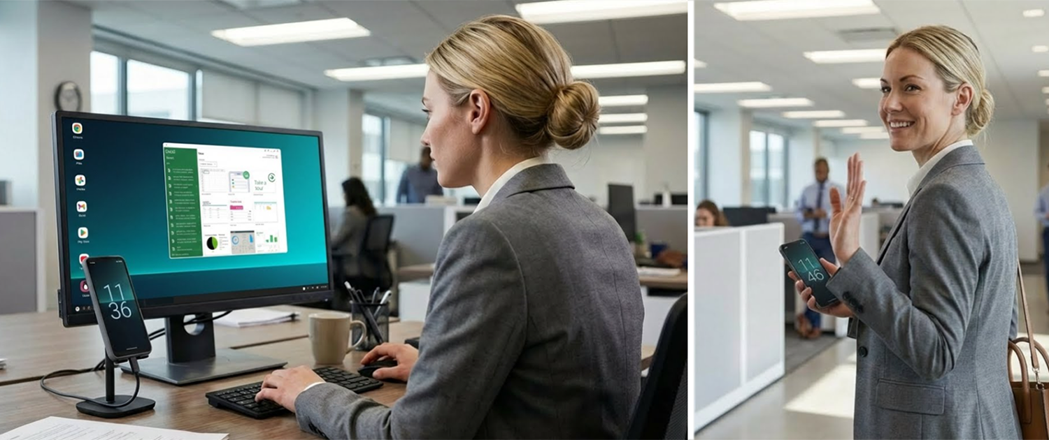 NexPhone trên giá đỡ nối màn hình và bàn phím trong văn phòng