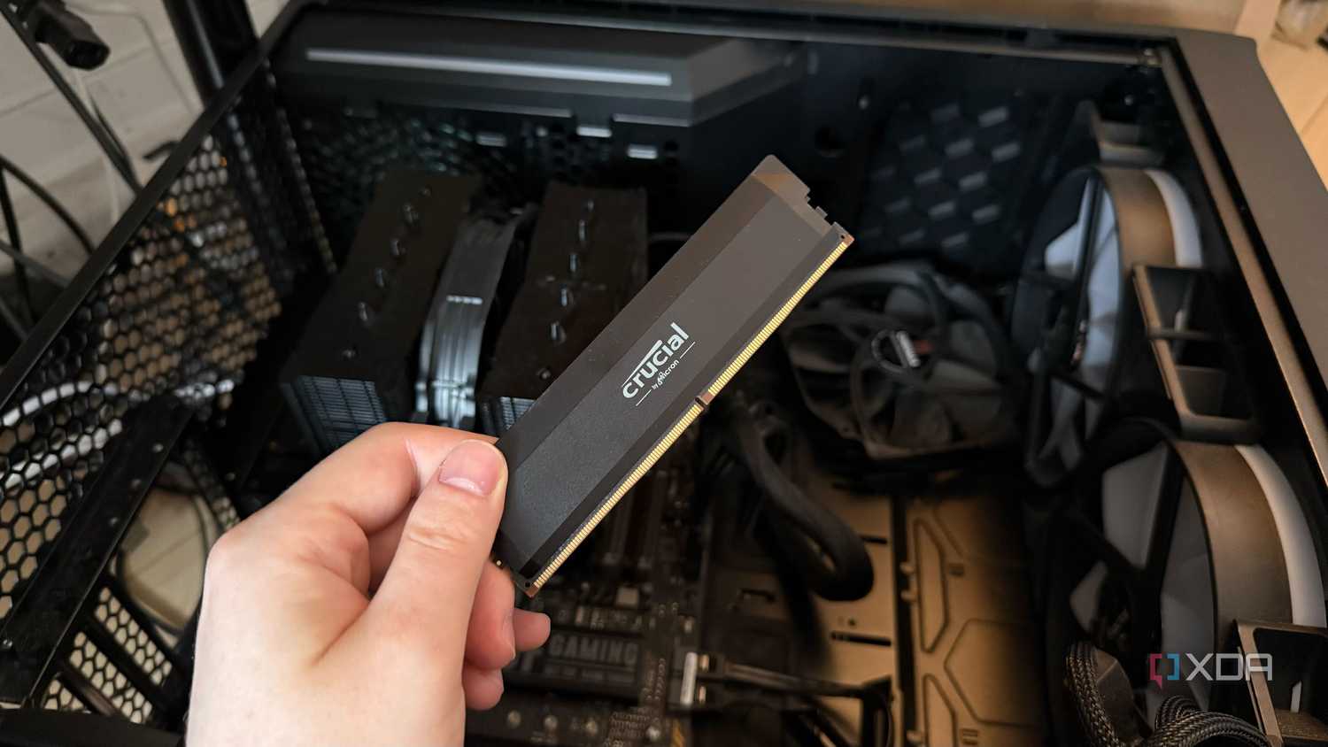 Người dùng cầm thanh RAM Crucial DDR5 chuẩn bị lắp vào thùng máy PC