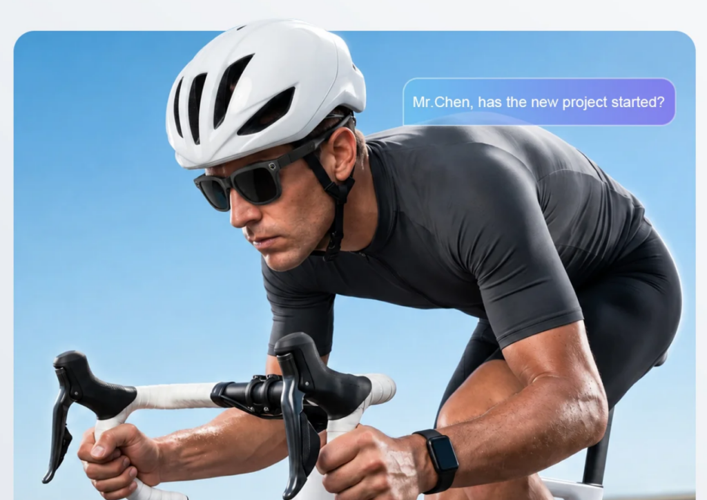 Người đạp xe đeo kính Rogbid VisionMax, giao diện trợ lý AI hiển thị trên kính