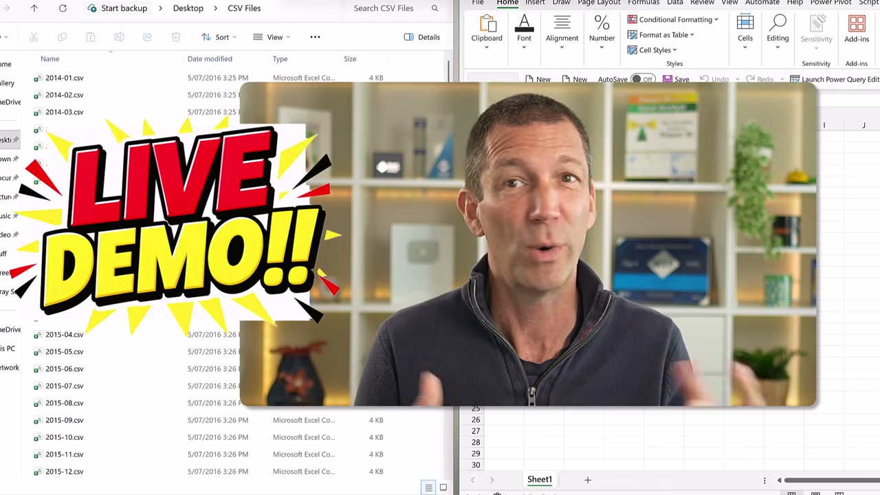 Người trình bày minh họa các tệp CSV và Copilot trong Excel