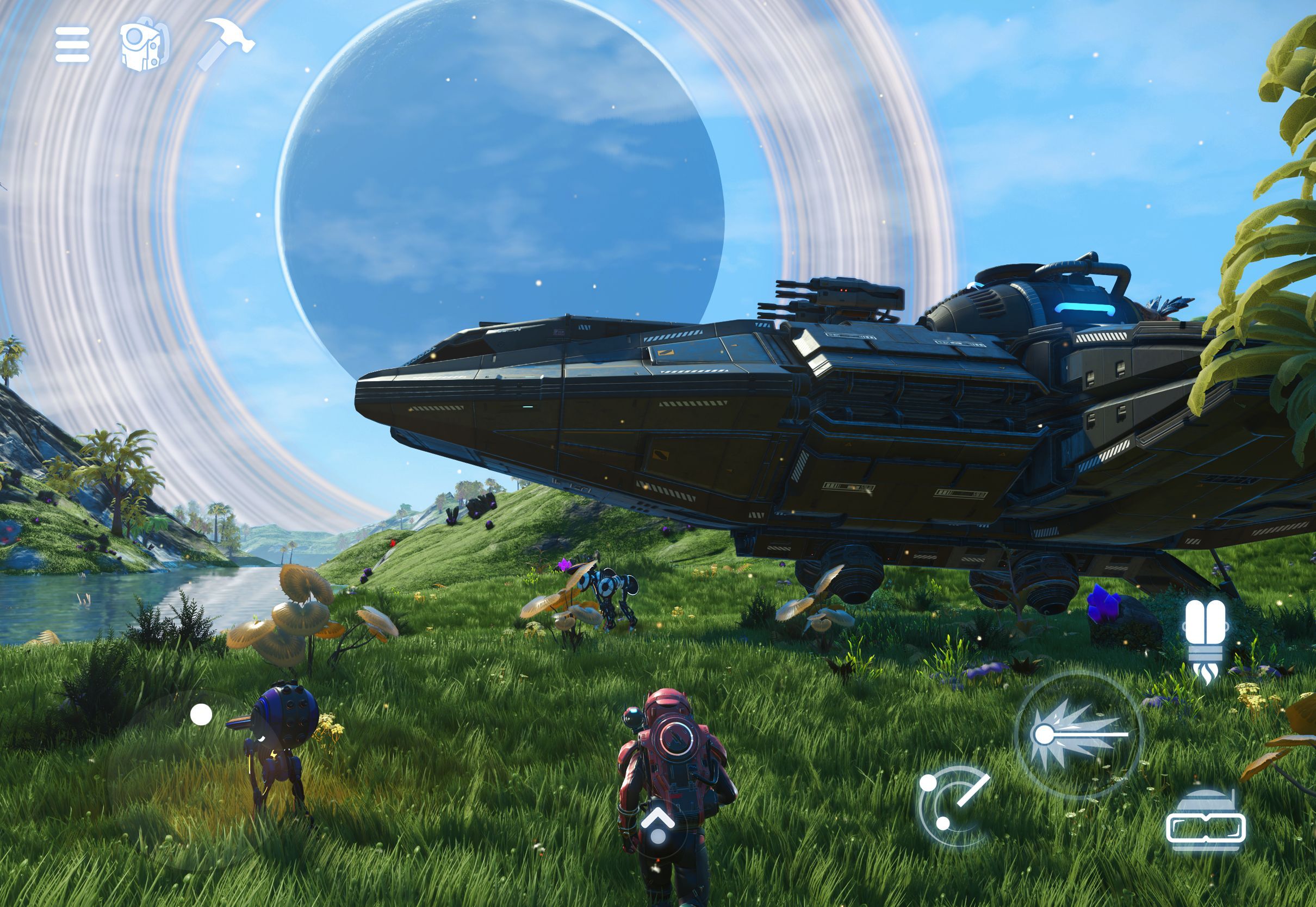 Nhân vật đứng cạnh phi thuyền trên nền phong cảnh hành tinh rộng lớn trong No Man’s Sky trên iPad