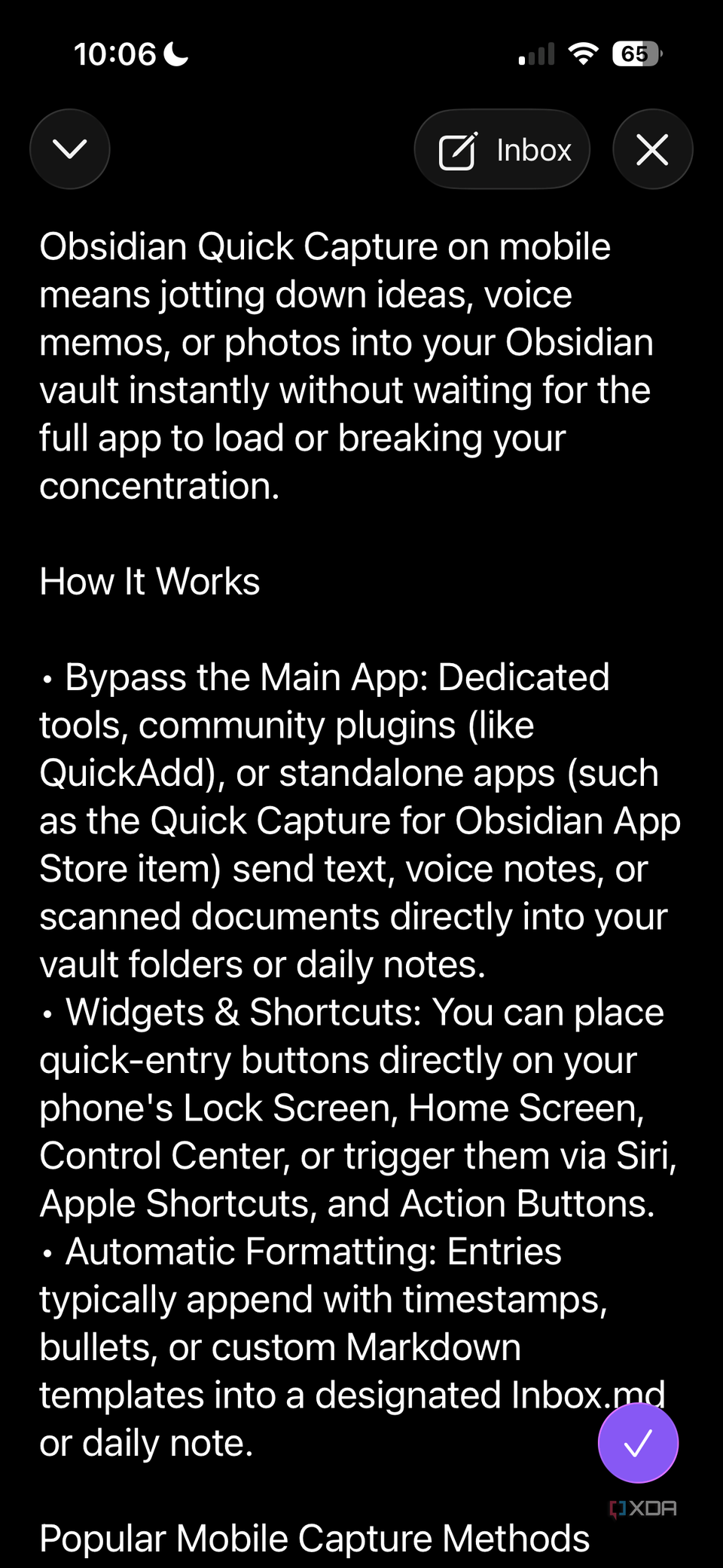 Nội dung clipboard trong Quick Note với đích Inbox