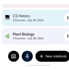 Nút ghi âm cạnh camera và nút tạo notebook trong Gemini Notebook