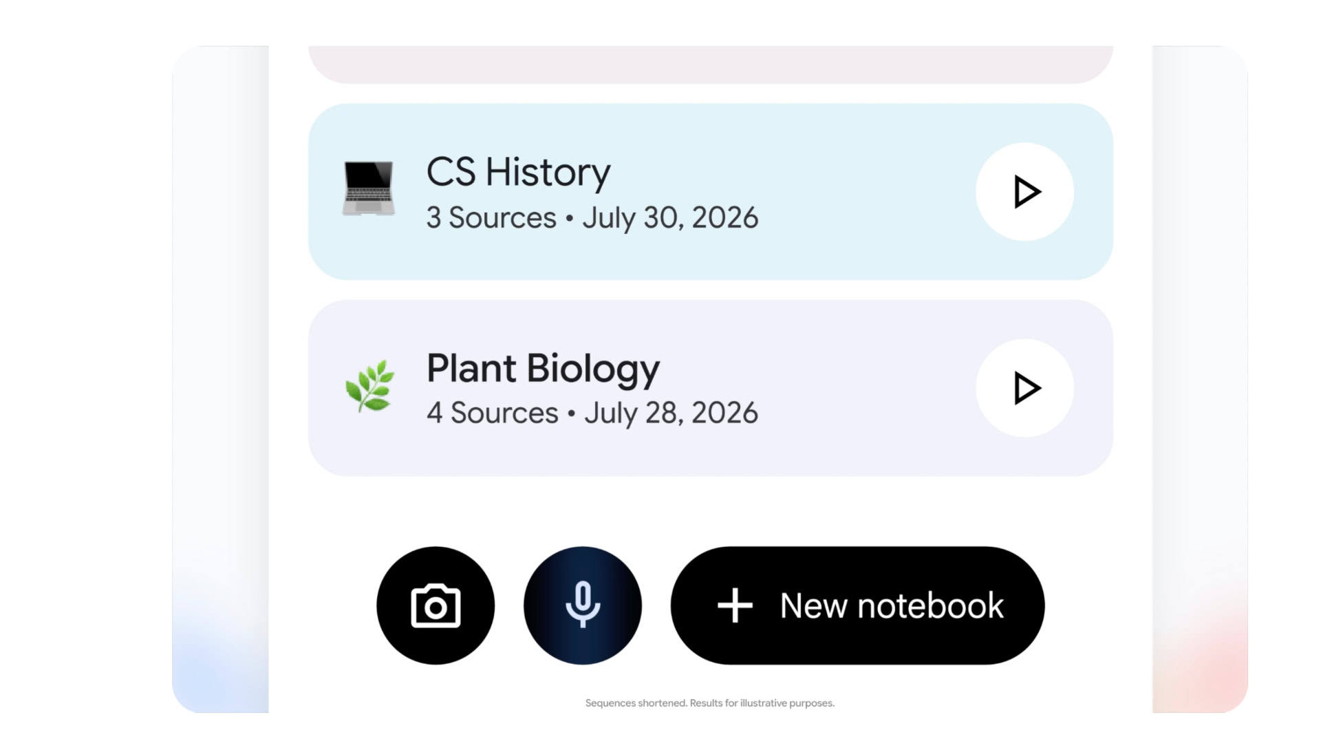 Nút ghi âm cạnh camera và nút tạo notebook trong Gemini Notebook