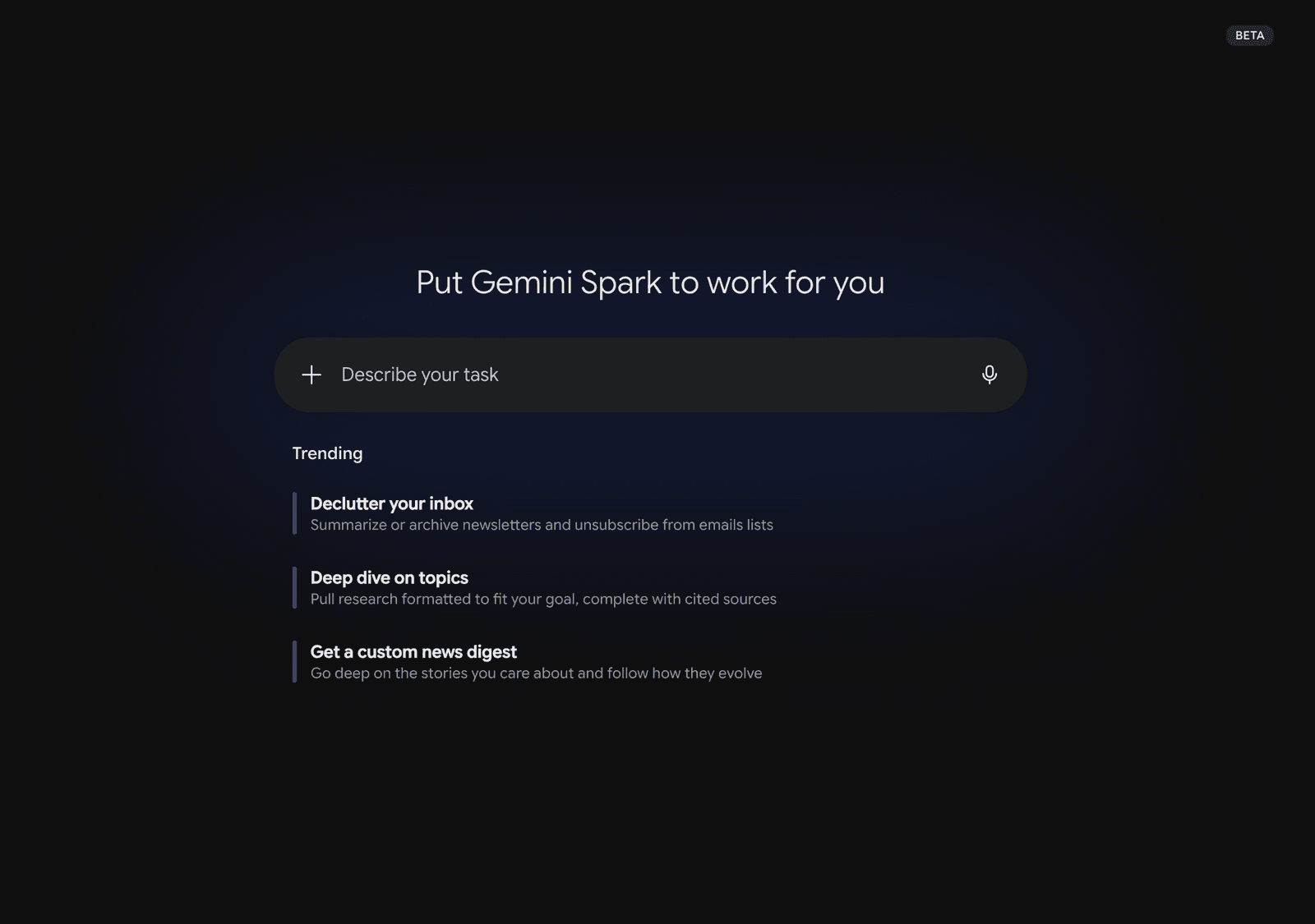 Ô Describe your task và các tác vụ gợi ý của Gemini Spark
