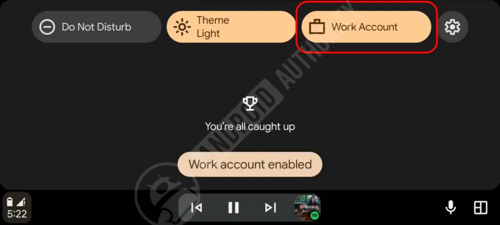 Ô Work Account trong Quick Settings của giao diện Android Auto thử nghiệm