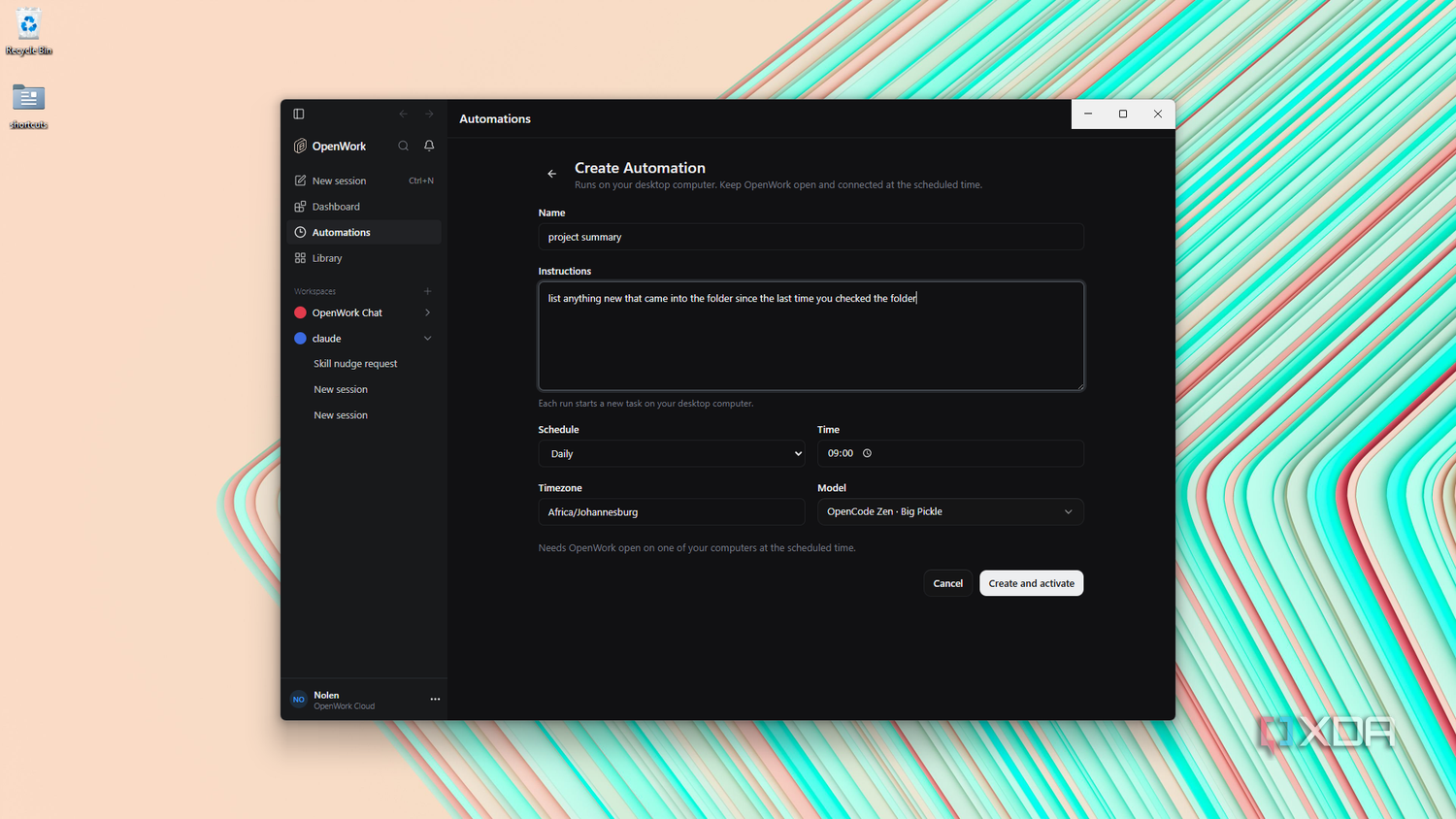 OpenWork handling daily automation creation form-1