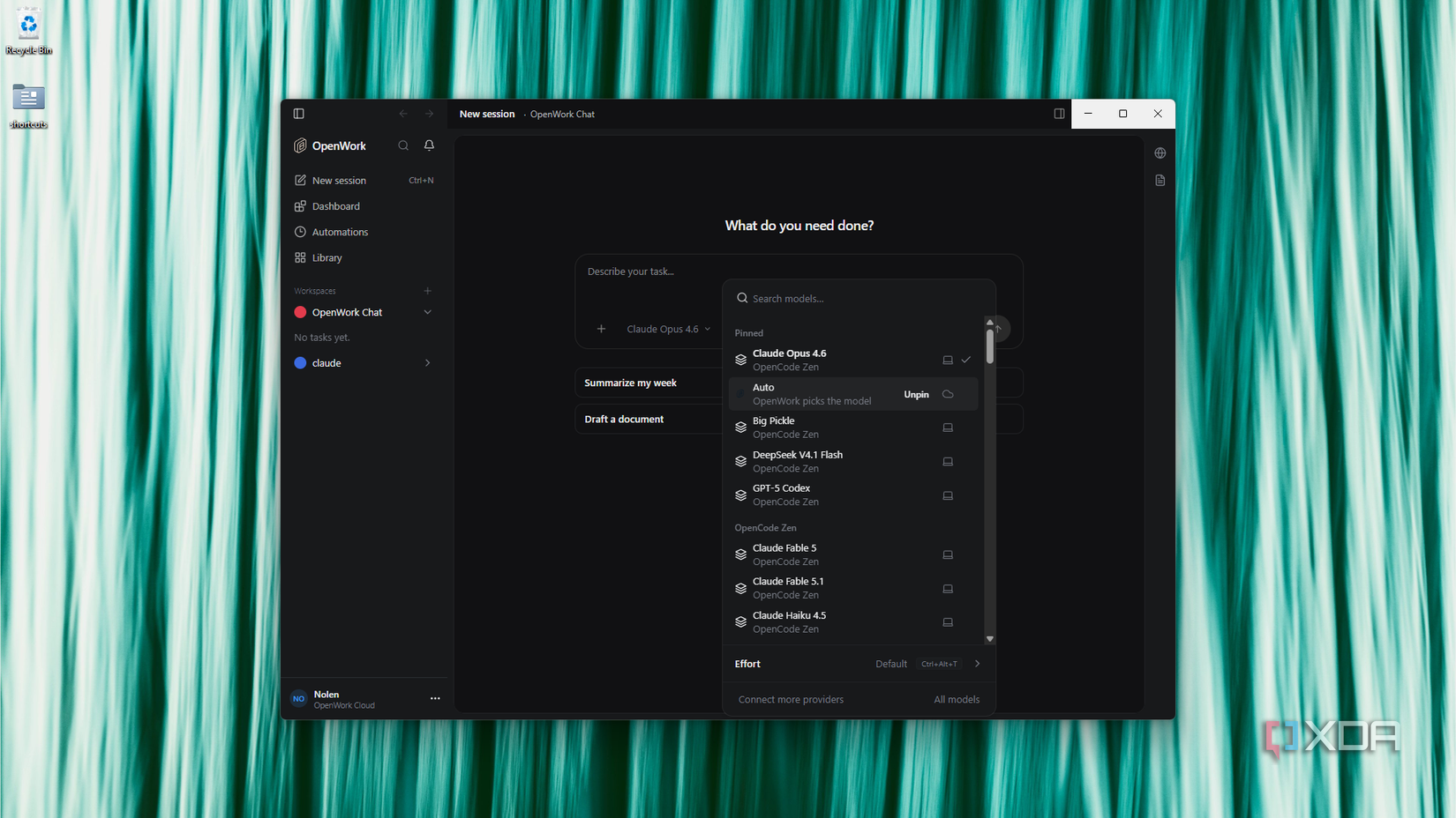 OpenWork model picker with pinned and OpenCode Zen