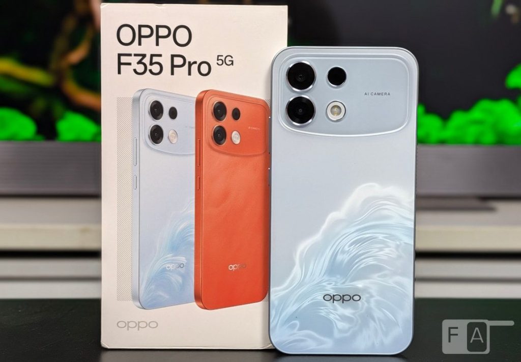 Oppo F35 Pro Wave Blue cạnh hộp máy