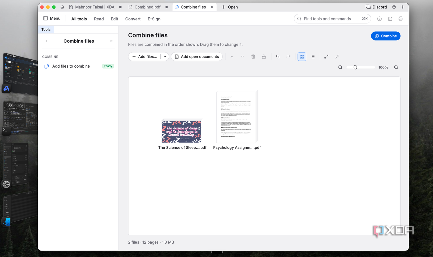 PdfCraft Combine files tool with a sleep presentation and psychology assignment queued