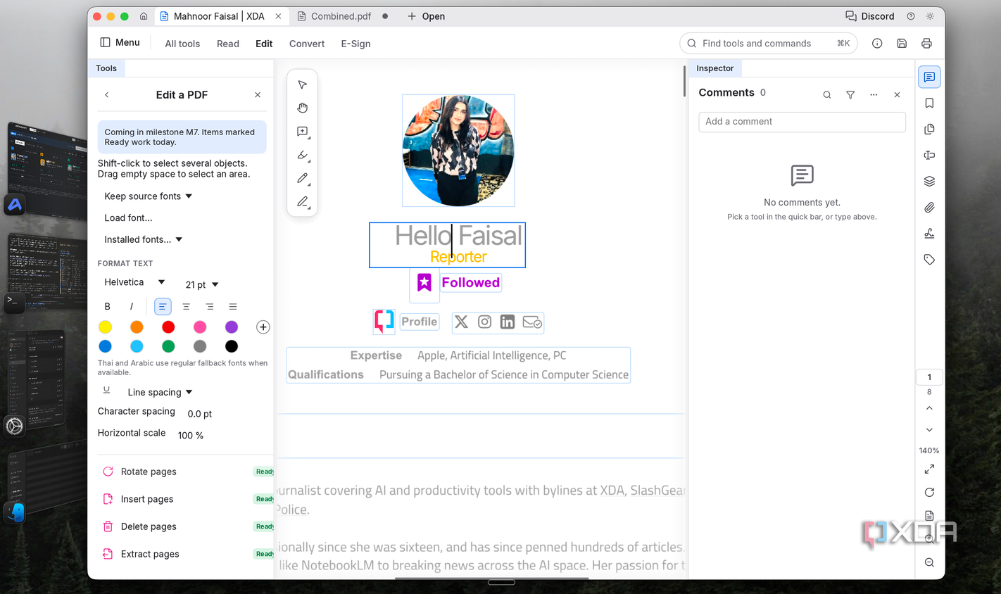 PdfCraft editing the name on a PDF to Hello Faisal with font and color options open