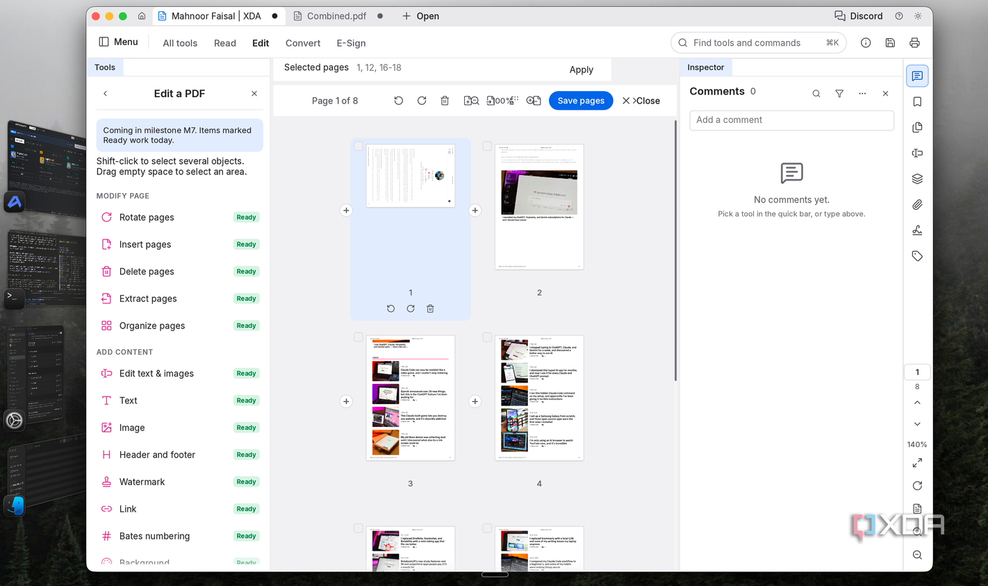 PdfCraft page grid view showing thumbnails of an 8-page PDF with rotate and delete controls