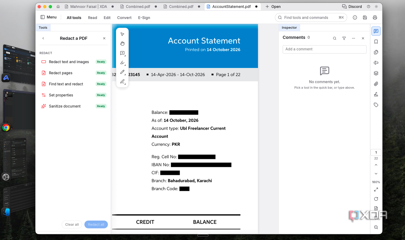 PdfCraft Redact a PDF tool with personal details blacked out on a bank account statement