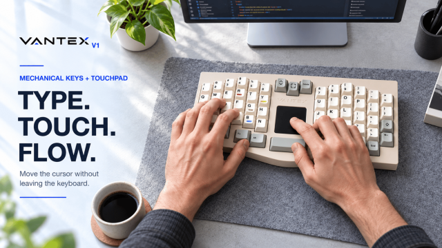 Bàn phím cơ Vantex V1 với hai cụm phím chia đôi và touchpad ở giữa