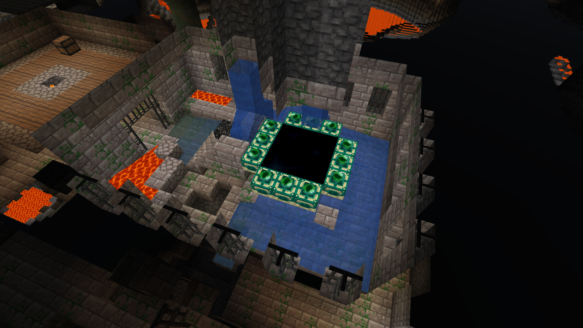 Phòng cổng End trong pháo đài Minecraft, khung cổng đã gắn đủ mắt ender