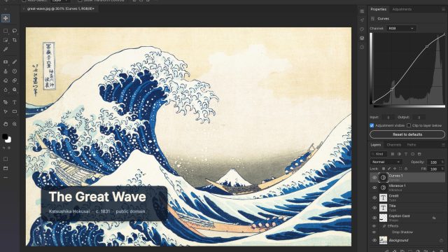 PhotoCraft chỉnh sửa The Great Wave với lớp Curves, Vibrance và văn bản