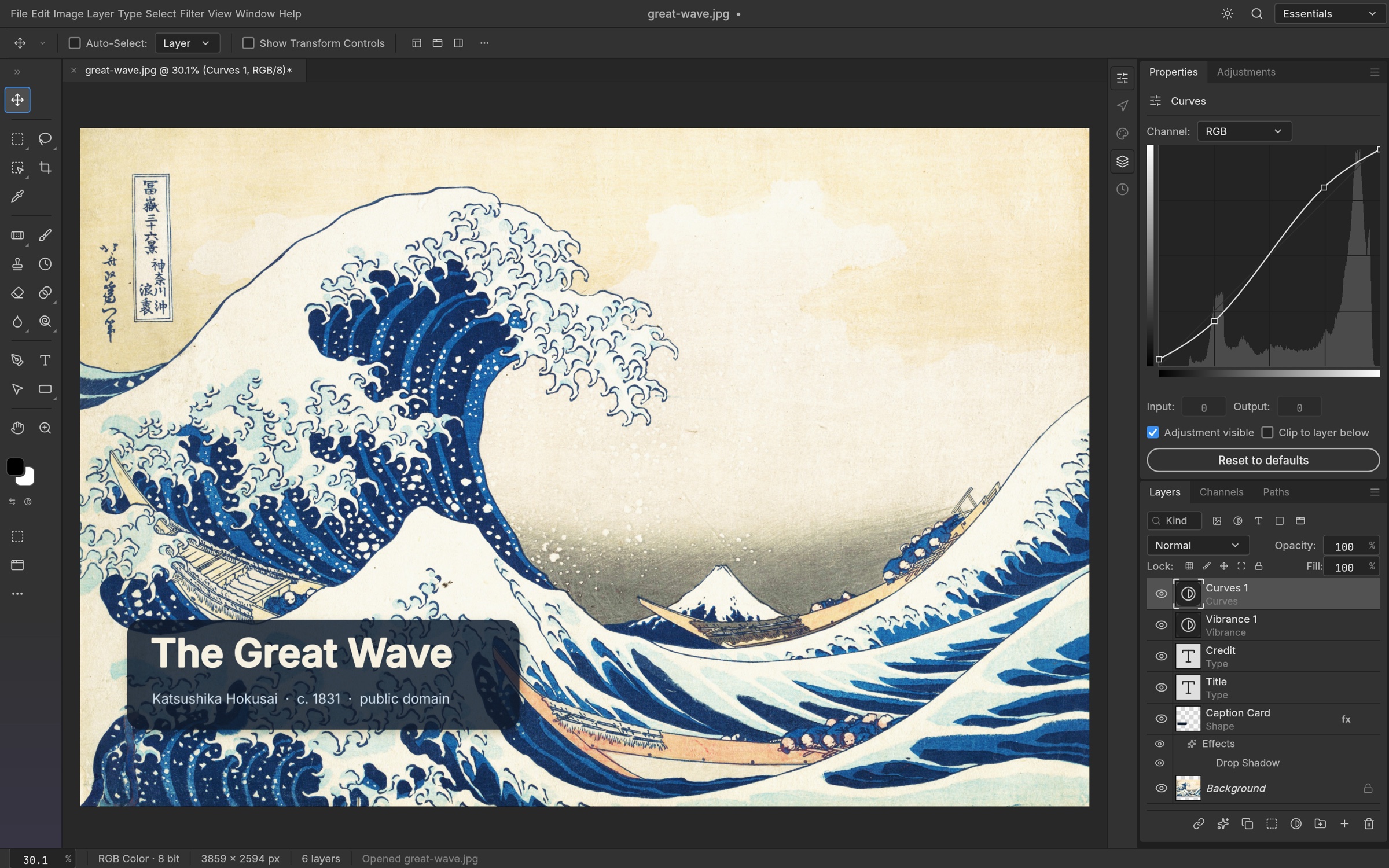 PhotoCraft chỉnh sửa The Great Wave với lớp Curves, Vibrance và văn bản