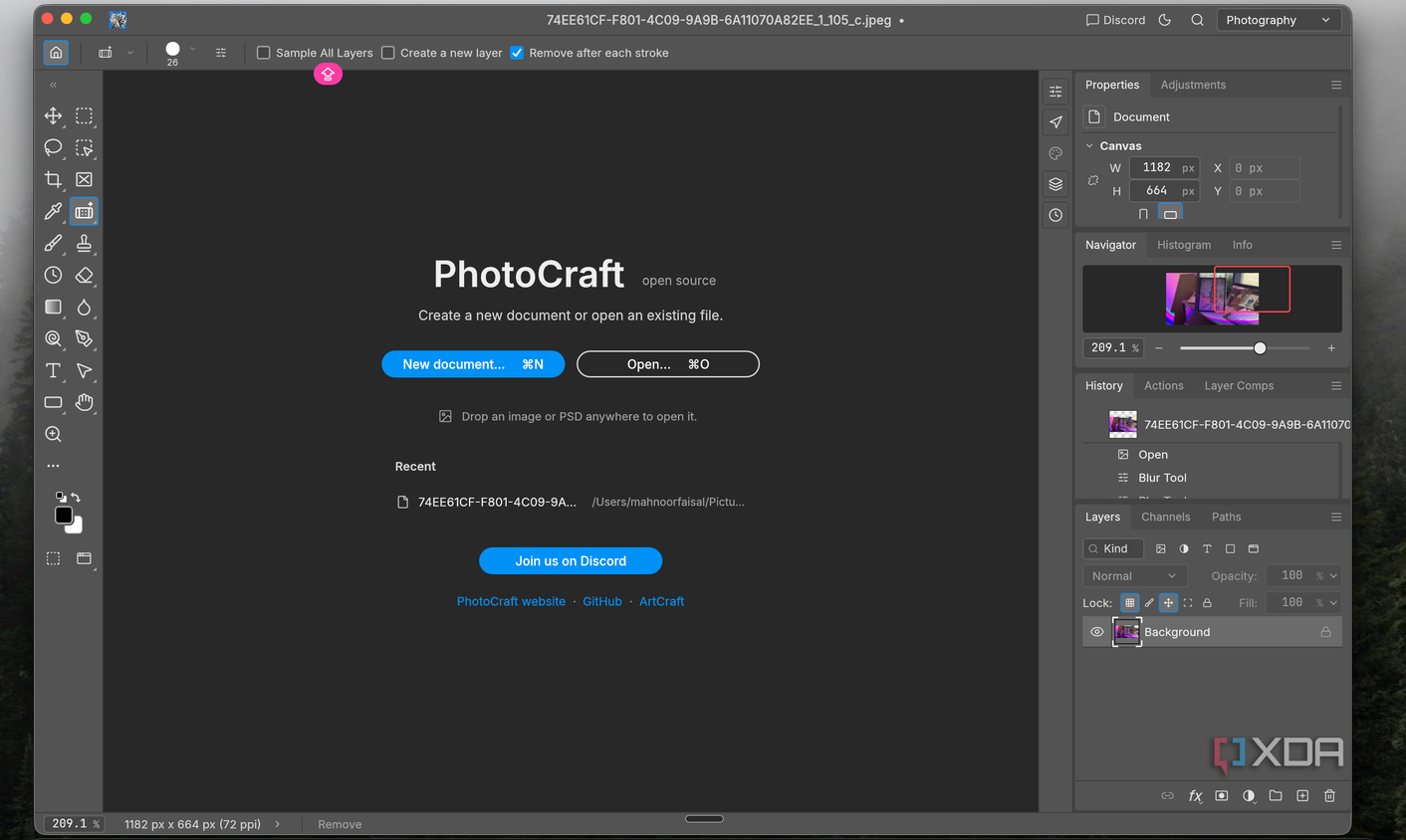 PhotoCraft switched to the Photography workspace with Navigator and History panels visible