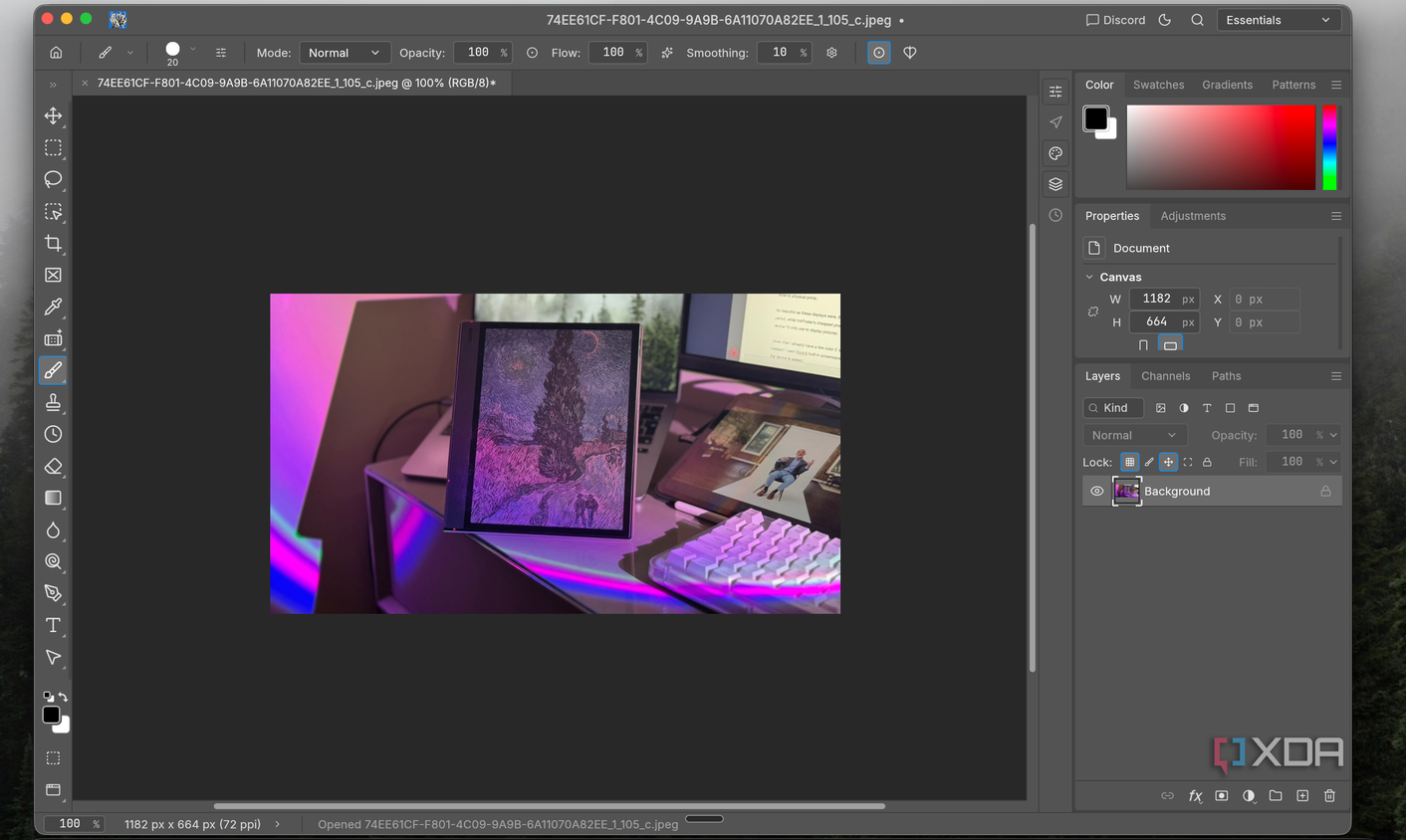 PhotoCraft with a desk photo open showing a Boox e-reader, tablet and keyboard in purple light