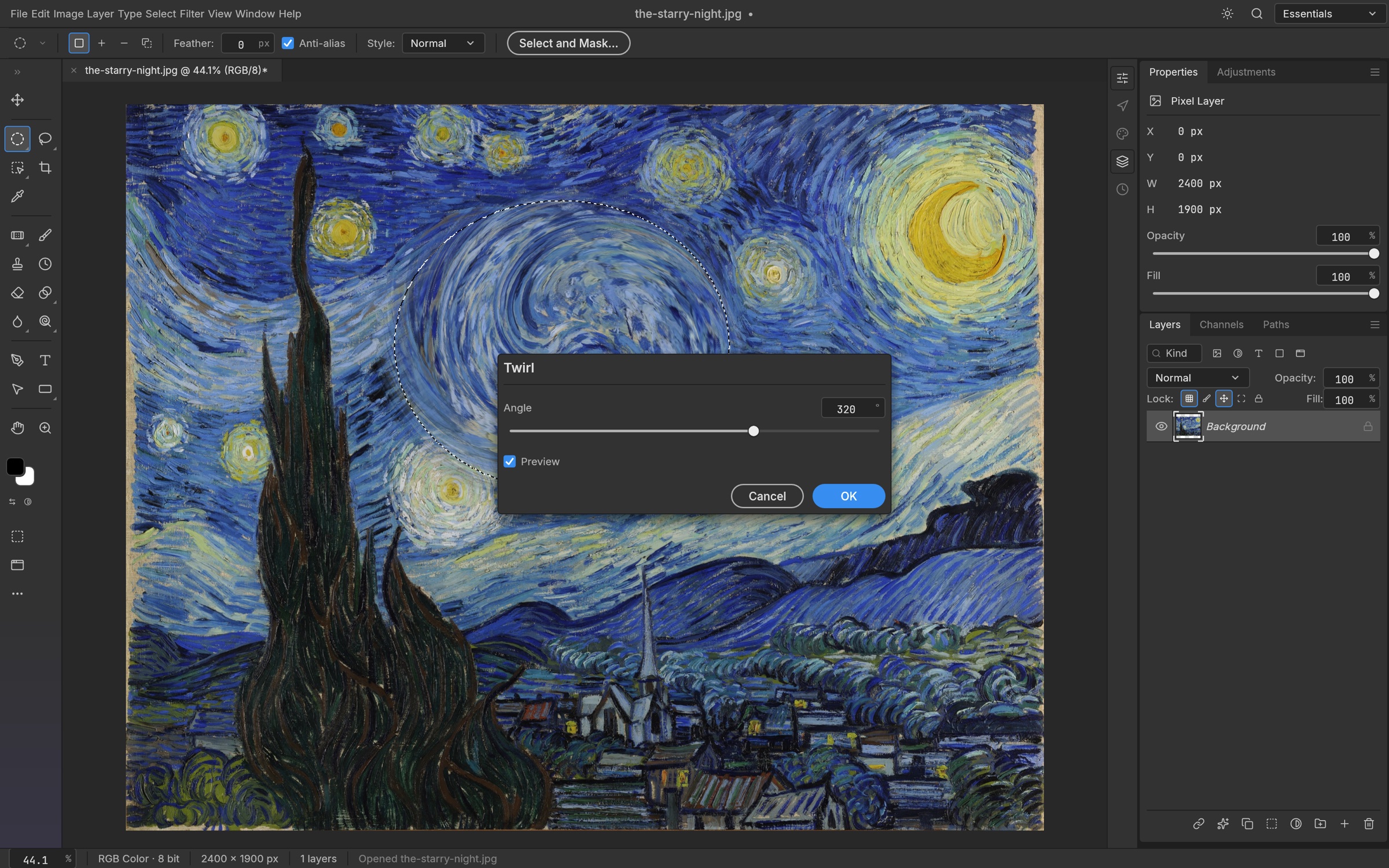PhotoCraft xem trước bộ lọc Twirl trên vùng chọn của The Starry Night