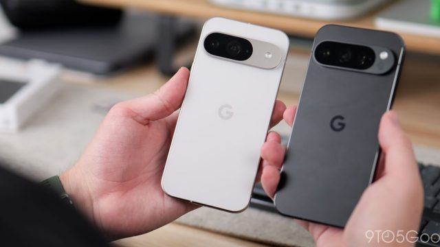 Pixel 9 màu trắng và Pixel 9 Pro màu đen cầm trên tay, mặt lưng có logo G