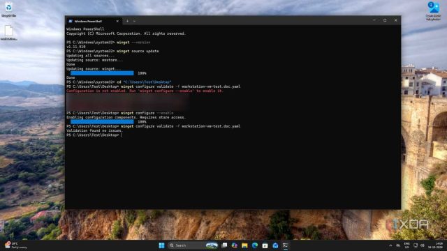PowerShell hiển thị lỗi configuration not enabled rồi xác nhận file YAML hợp lệ sau khi bật winget configure.