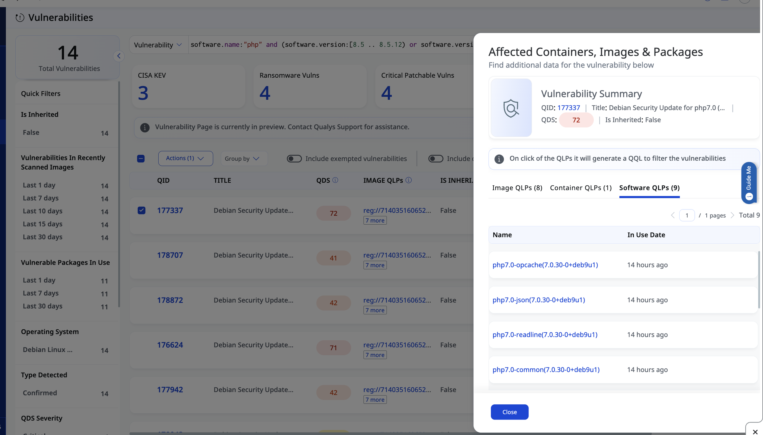 Qualys hiển thị danh sách gói PHP liên quan tới container