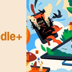 Hình quảng bá Kindle+ với logo và minh họa nội dung sách trên thiết bị