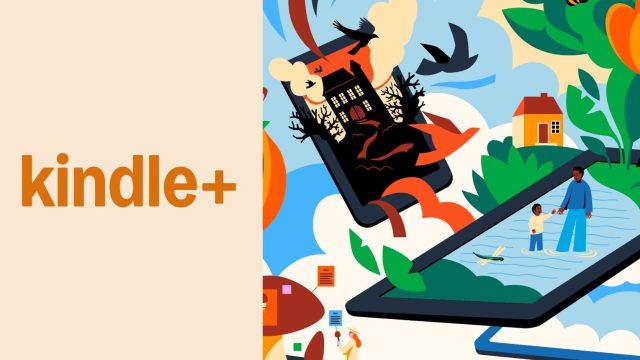 Hình quảng bá Kindle+ với logo và minh họa nội dung sách trên thiết bị