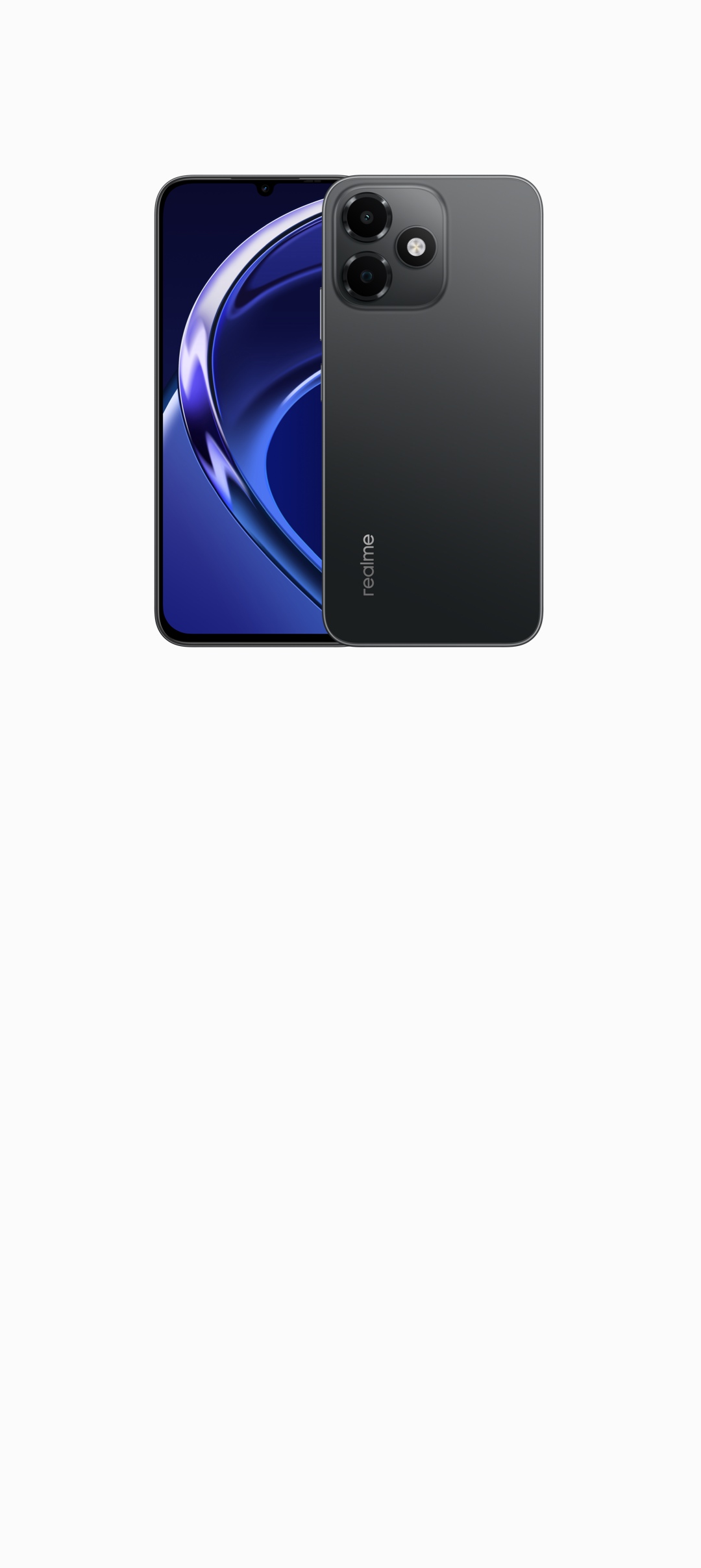 Realme P4s Lite màu Nebula Black nhìn từ mặt trước và mặt sau