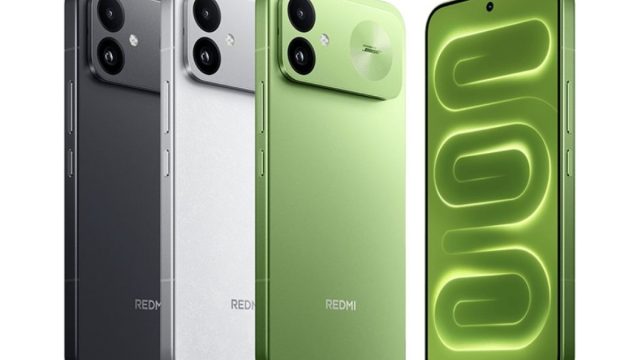 Redmi K100 màu đen, trắng và xanh với mặt trước và cụm camera kép