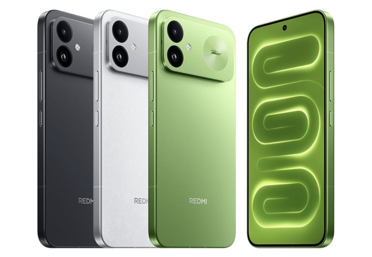 Redmi K100 màu đen, trắng và xanh với mặt trước và cụm camera kép