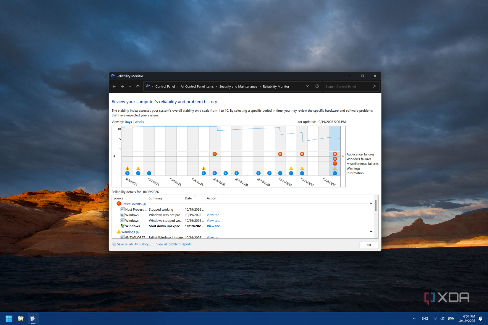 Reliability Monitor hiển thị lịch sử sự kiện Windows theo ngày