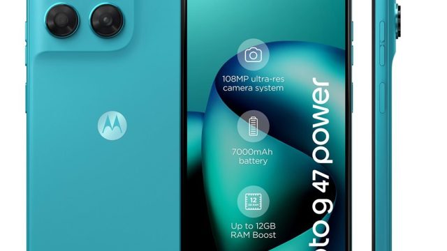 Render rò rỉ Moto G47 Power màu xanh ngọc, thấy mặt trước, mặt lưng và cạnh máy