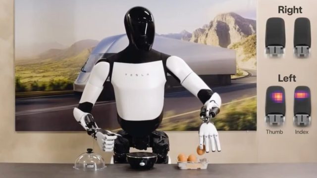 Robot hình người Tesla Optimus dùng tay cơ học cầm quả trứng